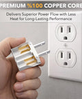Hand holding a Three Pack EU To US Plug Adapters For European To American Outlets next to a US wall socket.