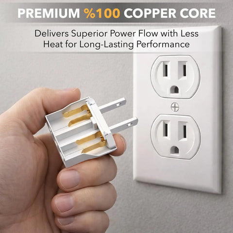 Hand holding a Three Pack EU To US Plug Adapters For European To American Outlets next to a US wall socket.