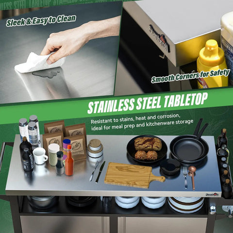 Rolling Outdoor Kitchen Island With Stainless Steel Table Top showing easy cleaning and safety features