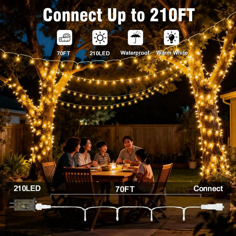 Family enjoying dinner under Warm White LED String Lights 70 Ft Waterproof and Connectable for Indoor and Outdoor Holiday Decor