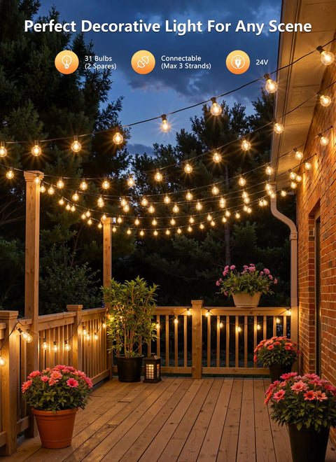Dimmable Outdoor String Lights With Remote 100Ft Waterproof G40 LED Bulbs Shatterproof Patio Lighting on a wooden deck at night
