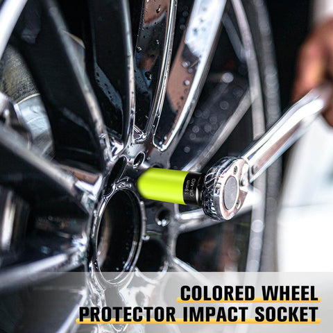 19mm Half Inch Drive Wheel Protector Impact Socket Non Marring Lug Nut Thin Wall Deep Socket Set Chrome Molybdenum Steel 6 Point Color Coded Protective Socket For Tire Changes Hub Removal And Wheel Suspension Maintenance in use on vehicle wheel.