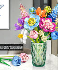 Flower Bouquet Building Kit For Adults And Kids 8 Plus, 13 colorful ABS brick stems in a glass vase, vase not included