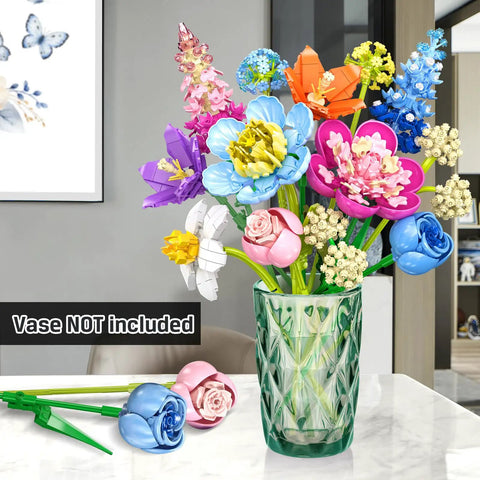 Flower Bouquet Building Kit For Adults And Kids 8 Plus, 13 colorful ABS brick stems in a glass vase, vase not included