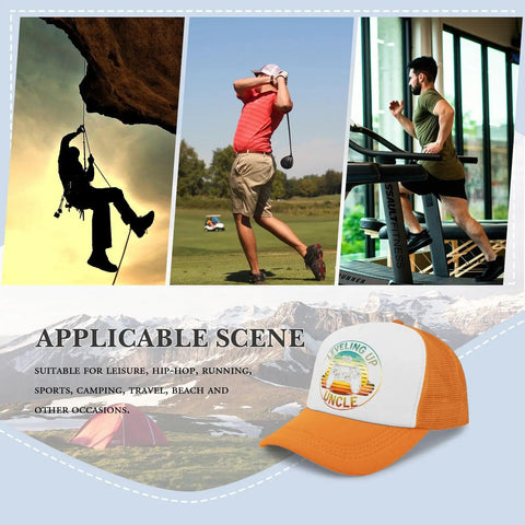 Collage of outdoor activities with Cool Uncle Club Inspired Adjustable Athletic Hat For Women Ultra Breathable Cap in orange