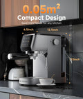 Quick Fix 20 Bar Espresso Machine With Rapid Milk Frother And Hit The Spot Temp Dials, compact stainless steel design on kitchen counter.