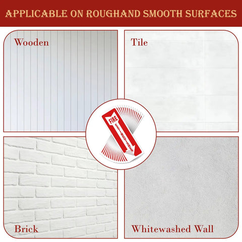 15 Pack Fire Extinguisher Signs 4x12 Inches Easy Peel Self Adhesive Safety Stickers For Home And Biz UV Protected Weatherproof displayed on various surfaces like wood, tile, brick, and whitewashed wall.