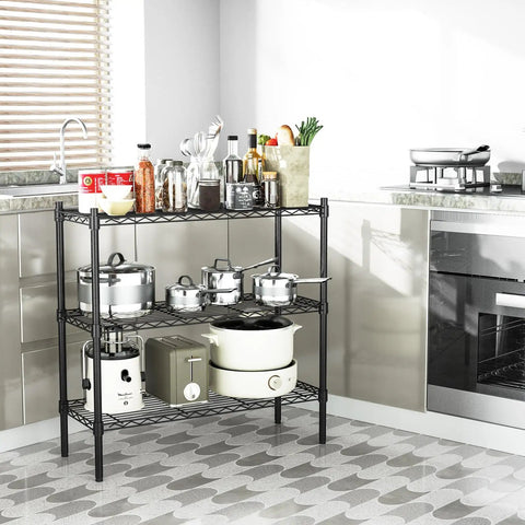 Rock Solid Three Tier Heavy Duty Wire Shelving System Featuring Adjustable Metal Storage Rack In Matte Black Finish Supporting Up To Three Hundred Fifty Pounds Per Shelf Smart Space Saving Design For Pantry Basement Top Shelf Home Organization