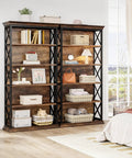 Heavy Duty Six Tier Industrial Bookshelf With Fresh X Pattern Accents 71 Inch Tall displaying books and storage items in a modern home.