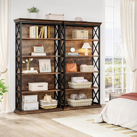 Heavy Duty Six Tier Industrial Bookshelf With Fresh X Pattern Accents 71 Inch Tall displaying books and storage items in a modern home.