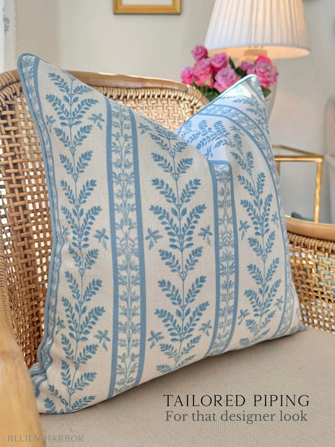 Blue Floral Block Print Pillow Cover With Off White Background, Cozy Throw Pillow Cover For Sofa Or Bed, Grandmillennial Style With Leaf Detail, Subtle Blue Grey Piping, Durable Upholstery Fabric, 20x20