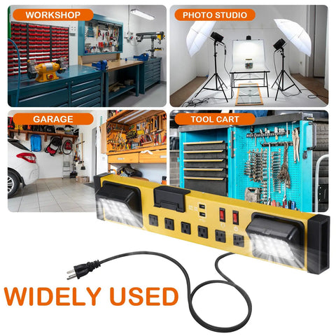 Heavy Duty Six Outlet Power Strip With Bright Led Worklight And Dual Usb Charging Ports For Fast Device Connections shown in garage, workshop, and photo studio.