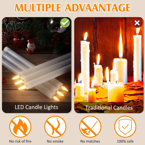 Comparison of 36 Piece Flameless Taper Candles Set and traditional candles with safety icons displayed.