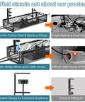 Comparison image showing No Drill Under Desk Cable Tray with Clamp Mount Fifteen Point Seven Inch Cord Organizer and competing designs.