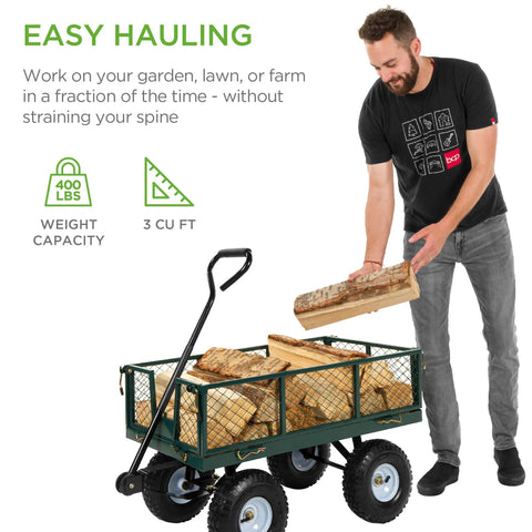 Man loading wood onto Beast Of A Heavy-Duty Garden Cart With Flatbed Conversion, 400Lb Capacity, removable sides, long handle