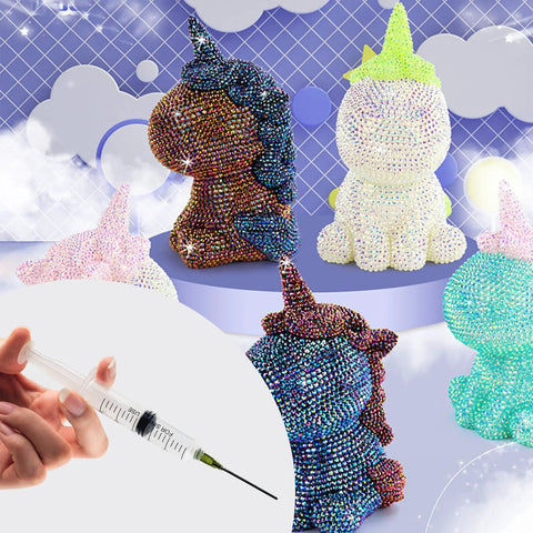 Pro Grade Glue Applicator Syringe Kit With 14G 16G And 18G Blunt Tip Needles shown with colorful decorative unicorn figures