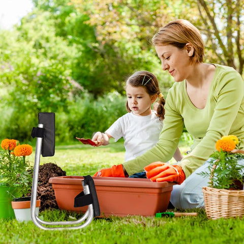 Adjustable Garden Kneeler Bench With Cushioned Pad Portable Foldable Kneeling Stool for Outdoor Gardening, used by mother and child in garden.