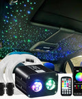 Dual Color Twinkle Fiber Optic Star Headliner Kit for Cars, 600 Pcs, 9.8ft, showing lights and app control features in vehicle