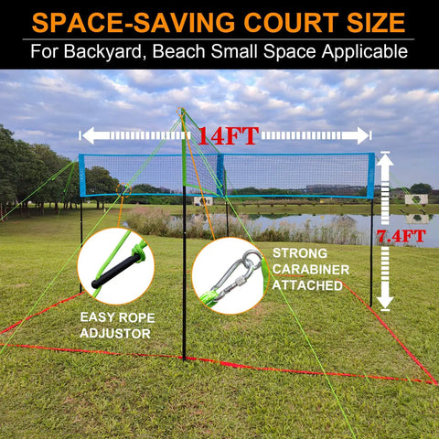 Four Way 14 Foot By 14 Foot Height Adjustable Outdoor Volleyball And Badminton Net Set With Carry Bag shown installed on grass