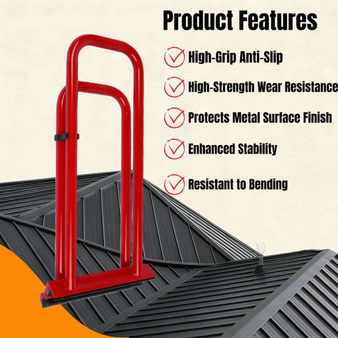 Dual Stage Hand Seamer for Standing Seam Roofing with anti-slip red grip and durability features, shown on black metal surface.