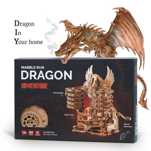 Box of Wooden Marble Run Dragon Kit Hands On 3D Mechanical Model With Marble Track And 15 Steel Balls, DIY gift.