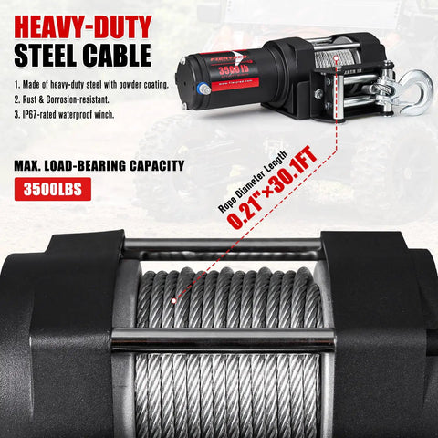 12V 3500LBS ATV UTV Electric Winch With Steel Cable Wireless Remote Roller Fairlead IP67 Waterproof kit showing heavy-duty steel cable and winch specs