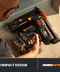 Person holding Powerful 20V Cordless Nail And Staple Gun For Pros, 18 Gauge Brad Nailer And Narrow Crown Staples, Tool Only.