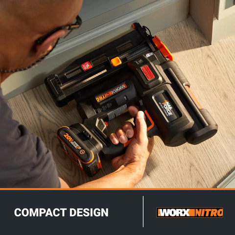 Person holding Powerful 20V Cordless Nail And Staple Gun For Pros, 18 Gauge Brad Nailer And Narrow Crown Staples, Tool Only.