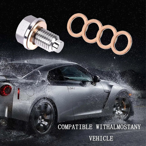 Magnetic Oil Drain Plug Kit M14x1.5 Thread with five copper washers, stainless steel construction, universal fit for cars.