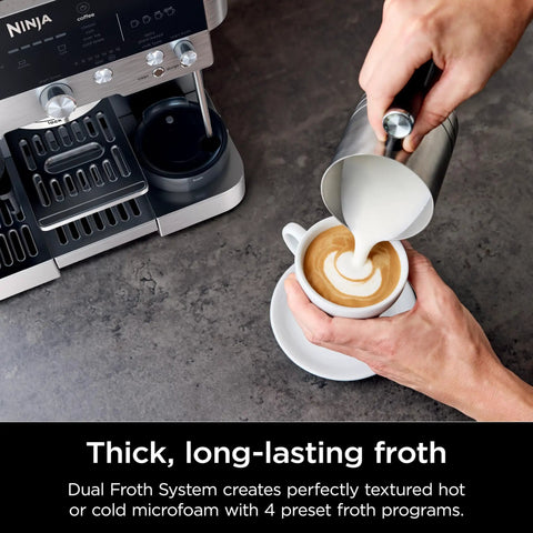 Person using R-ES601 Luxe Café Premier Series 3-In-1 Espresso Machine for frothing milk into cappuccino beside the machine.