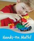 Child building with Big Builders Math Cubes Set For Kids, Colorful Counting Blocks, Pattern Building, hands-on STEM learning.