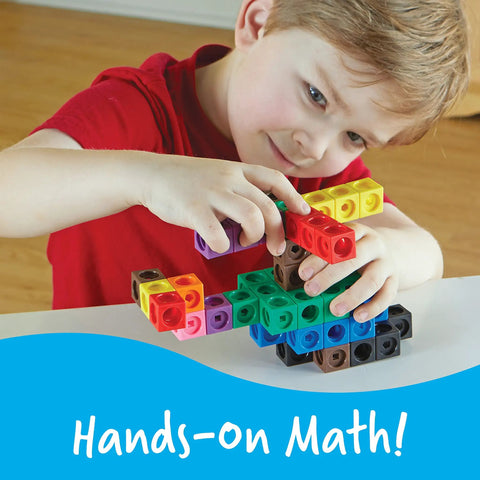 Child building with Big Builders Math Cubes Set For Kids, Colorful Counting Blocks, Pattern Building, hands-on STEM learning.