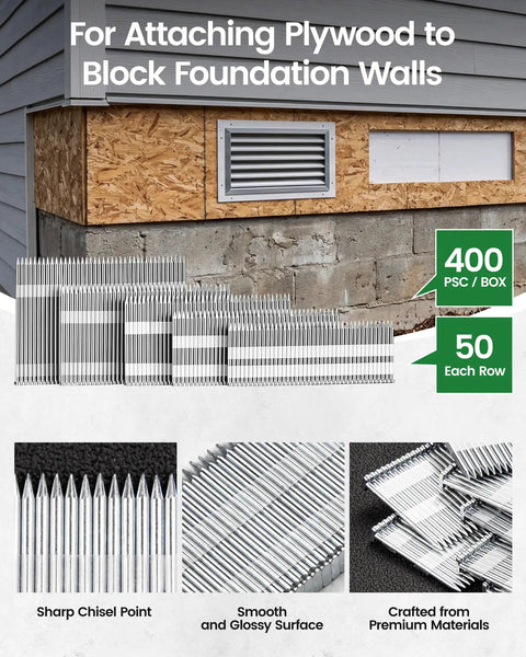 14 Gauge Concrete T Nails 1 1/2 Inch 800 PCS Total For Electric And Pneumatic Nailers, 2 Boxes Of 400 Nails, Smooth Feeding, Less Bending For Poured Basement Walls And Concrete For Pros And DIYers, for attaching plywood to block foundation walls