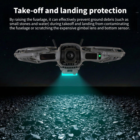 Color Changing LED Landing Gear for DJI Neo 2 Drones with rechargeable night lighting boosting ground clearance, shown during landing.