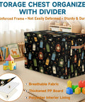 Top Shelf Storage Chest With Lid Holds Massive 85 Liter Load Sturdy Toy Box For Quilts And Plush Dolls, black fabric with colorful designs.