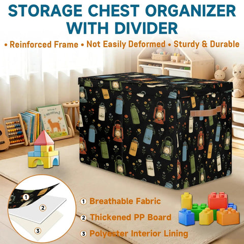 Top Shelf Storage Chest With Lid Holds Massive 85 Liter Load Sturdy Toy Box For Quilts And Plush Dolls, black fabric with colorful designs.