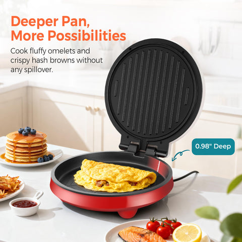 Cachoo 3-in-1 Electric Griddle And Sandwich Maker With Nonstick Coating cooking fluffy omelets on an 8 inch round griddle.