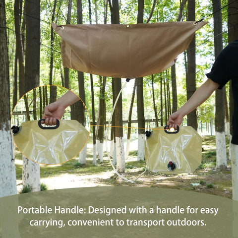 Portable Rainwater Collection System For Camping With A 5 By 5 Foot Hanging Tarp And A 2.2 Gallon Collapsible Water Bag