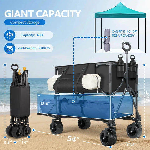 Beast Mode Heavy Duty Double Decker Utility Wagon With 400L Upper Deck And 600Lbs Capacity on a beach showing size and compartments.