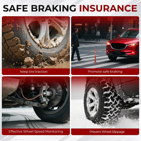 QBselecar ABS wheel speed sensors, four-panel collage: muddy tire, city car, installed brake sensor, snowy tire tread.