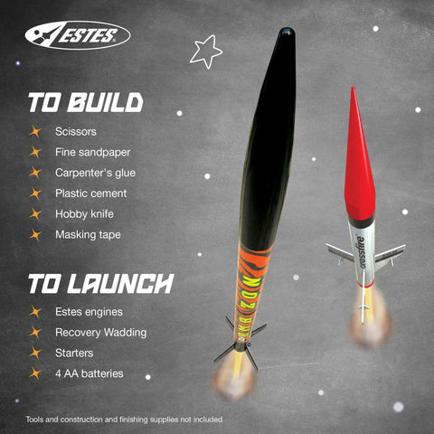 Tandem X Rocket Building Kit For Beginners With Launch Pad And Controller, features two realistic rockets in flight.
