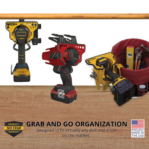 Grab And Go Drill Dock Organizer For Cordless Drills And Drivers With Universal Fit, Fixed Mount Or Side Clip, displayed on a workbench