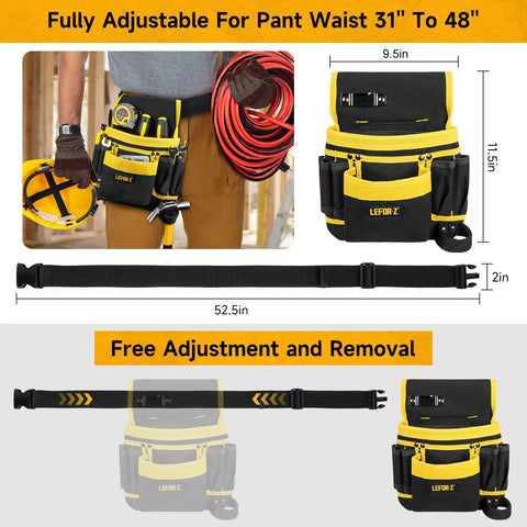 26 Pocket Nylon Tool Belt With Detachable Pouch, Quick Release Buckle, Adjustable 31 to 48 Inch Strap in Black and Yellow