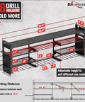 Diagram of a 49.8 Inch Wide Heavy Duty Power Tool Organizer Wall Mount With Four Shelves, 18 Cordless Drill Holders, 600 Lb Capacity Garage Organizer For Home Workshop, Black, showing dimensions and features.