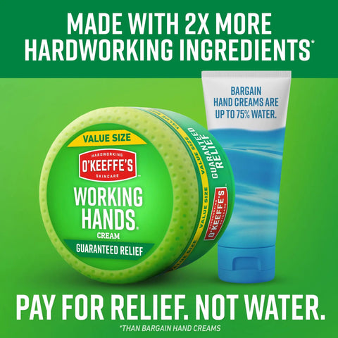 Working Hands Hand Cream For Extreme Dryness 6.8 Oz Value Size Jar next to tube labeled Bargain Hand Cream with green background