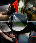 Rechargeable LED Headlamp Beast Bright With Three Light Modes, used for camping, cycling, caving, mechanics, and night fishing scenes.