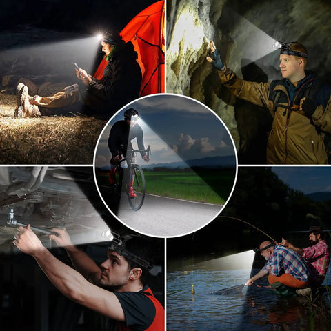 Rechargeable LED Headlamp Beast Bright With Three Light Modes, used for camping, cycling, caving, mechanics, and night fishing scenes.