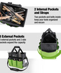 Heavy Duty Garden Tool Bag Organizer With Ten Pockets And Long Adjustable Shoulder Strap Standable Tote For Home Garden Use Green Tools Not Included Great For Pros And Weekend Gardeners showing internal and external pockets