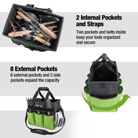 Heavy Duty Garden Tool Bag Organizer With Ten Pockets And Long Adjustable Shoulder Strap Standable Tote For Home Garden Use Green Tools Not Included Great For Pros And Weekend Gardeners showing internal and external pockets