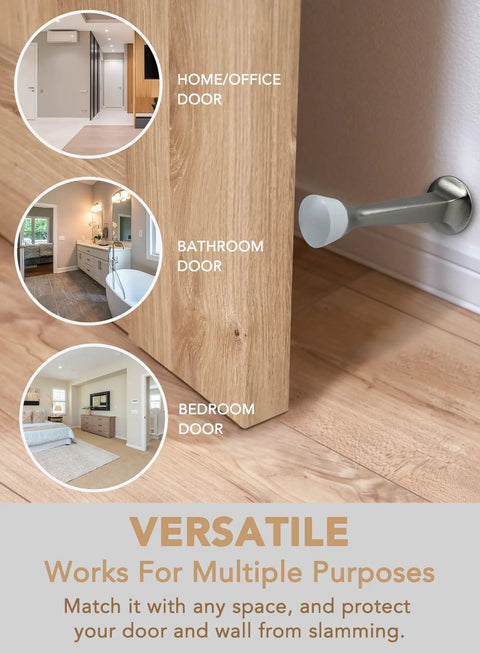 5 Pack 3 Inch Heavy Duty Solid Door Stop With Zinc Die Cast Body And Soft Bumper Tips Silver Finish Built Tough To Stop Doors And Protect Walls For Home And Office installed on wall